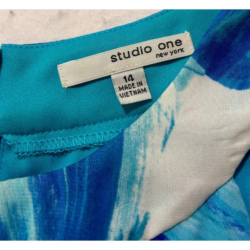 Studio One New York Blue Abstract Print Tiered Ruffle Halter Dress Size 14 - Picture 3 of 8